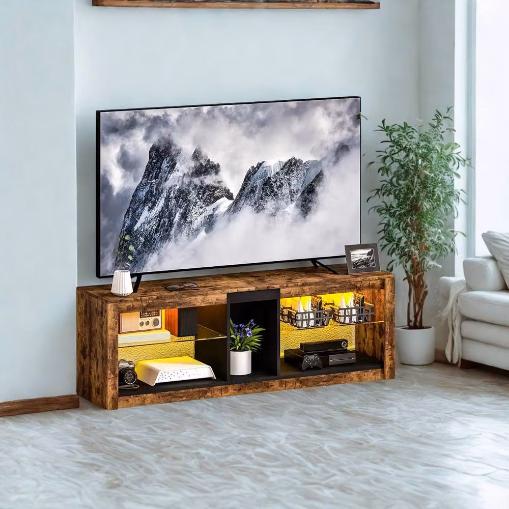 FURNOS Industrial TV Stand Unit with Integrated LED Lights and Storage Shelves in Brown, W/D/H: 140 x 35 x 47 cm – 4