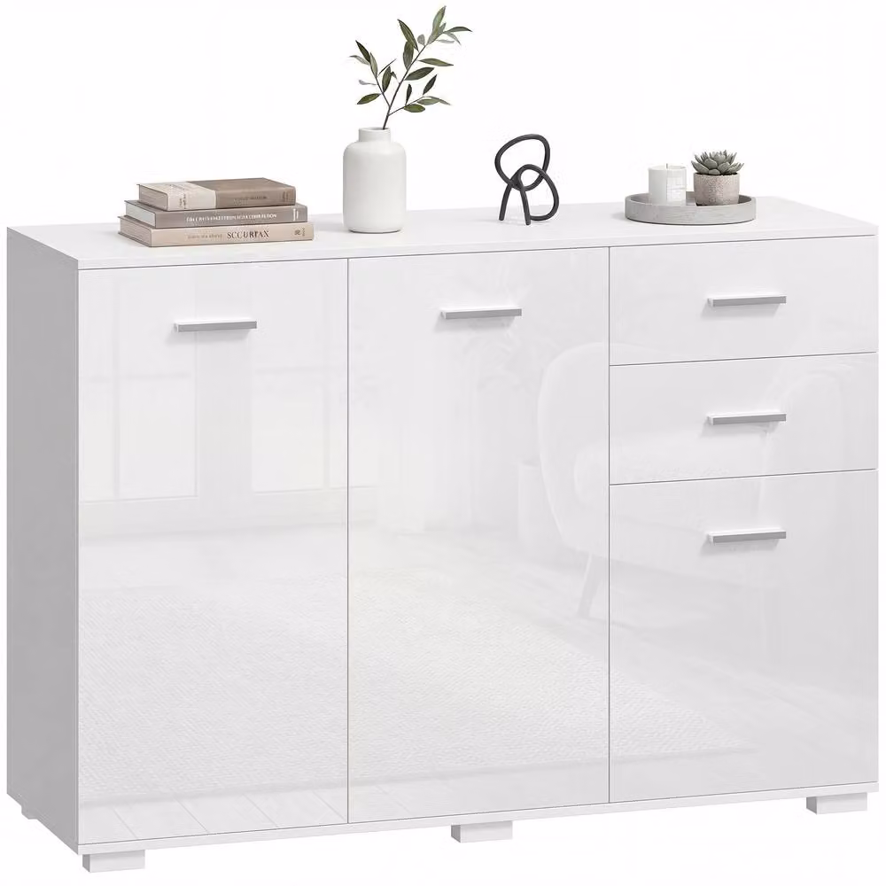 HOMCOM Modern High Gloss White Sideboard Kitchen Storage Cabinet – 2