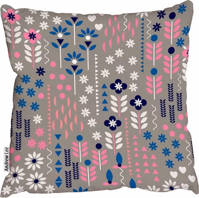 Andrew Lee Modern Floral Geometric Square Cushion, Pink, W/D/H: 60 x 60 x 1 cm