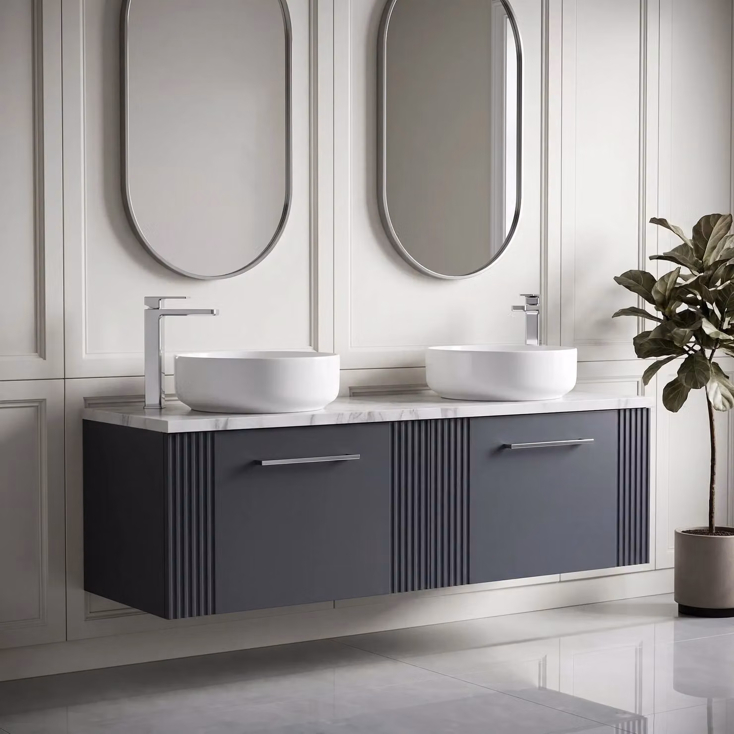 Balterley 2 Drawer Wall Hung Vanity Unit with Marble Laminate Worktop, Grey, Width: 120 cm – 2