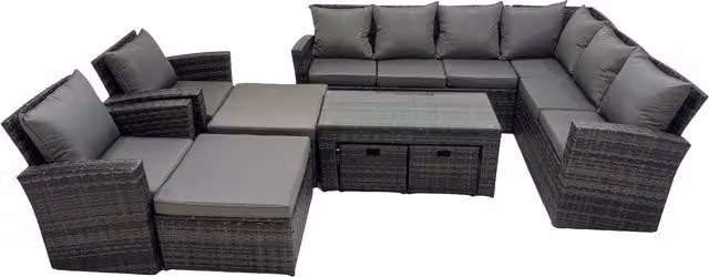 Fimous 9-Piece Rattan Garden Sofa Set with Oblong Coffee Table in Dark Grey