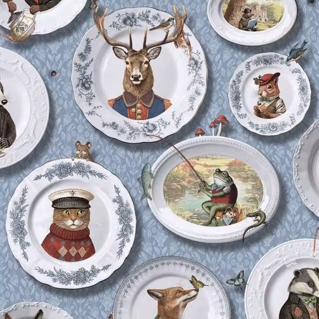 Holden Decor Vintage Tea Party Animals Wallpaper in Blue