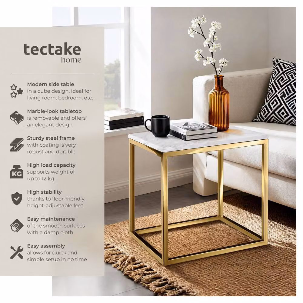 tectake Alysia Modern Square Side Table with Abstract Marble Stone Top in Black, White and Multicolour – 1