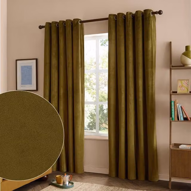 Furn Olive Green Velvet 100% Blackout Eyelet Curtain Pair, Width: 229 cm, Drop: 137 cm