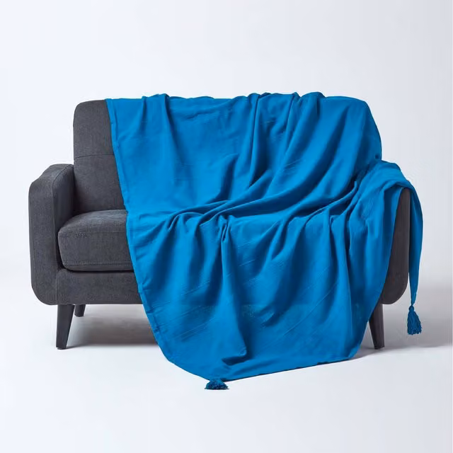 Homescapes Rajput Ribbed Cotton Throw in Petrol with Fringes, W/D/H: 200 x 150 x 1 cm