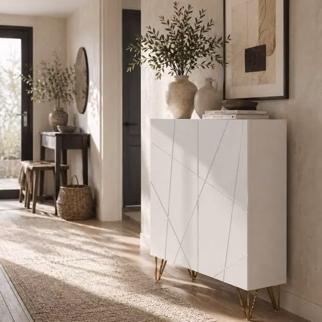 Wyld Haus Monola Slim Modern Geometric High Gloss White Shoe Cabinet with Soft Close Doors, H 95.0 cm x W 31.5 cm x D 62.0 cm
