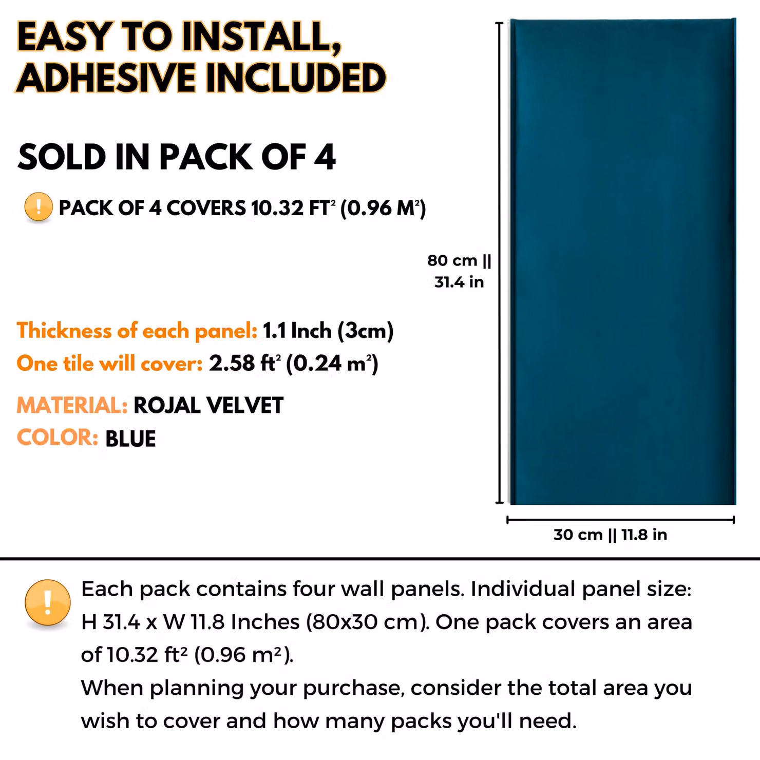 Novecrafto Set of 4 Blue Velvet Upholstered Wall Panels with Adhesive, W: 80 cm, H: 30 cm – 3