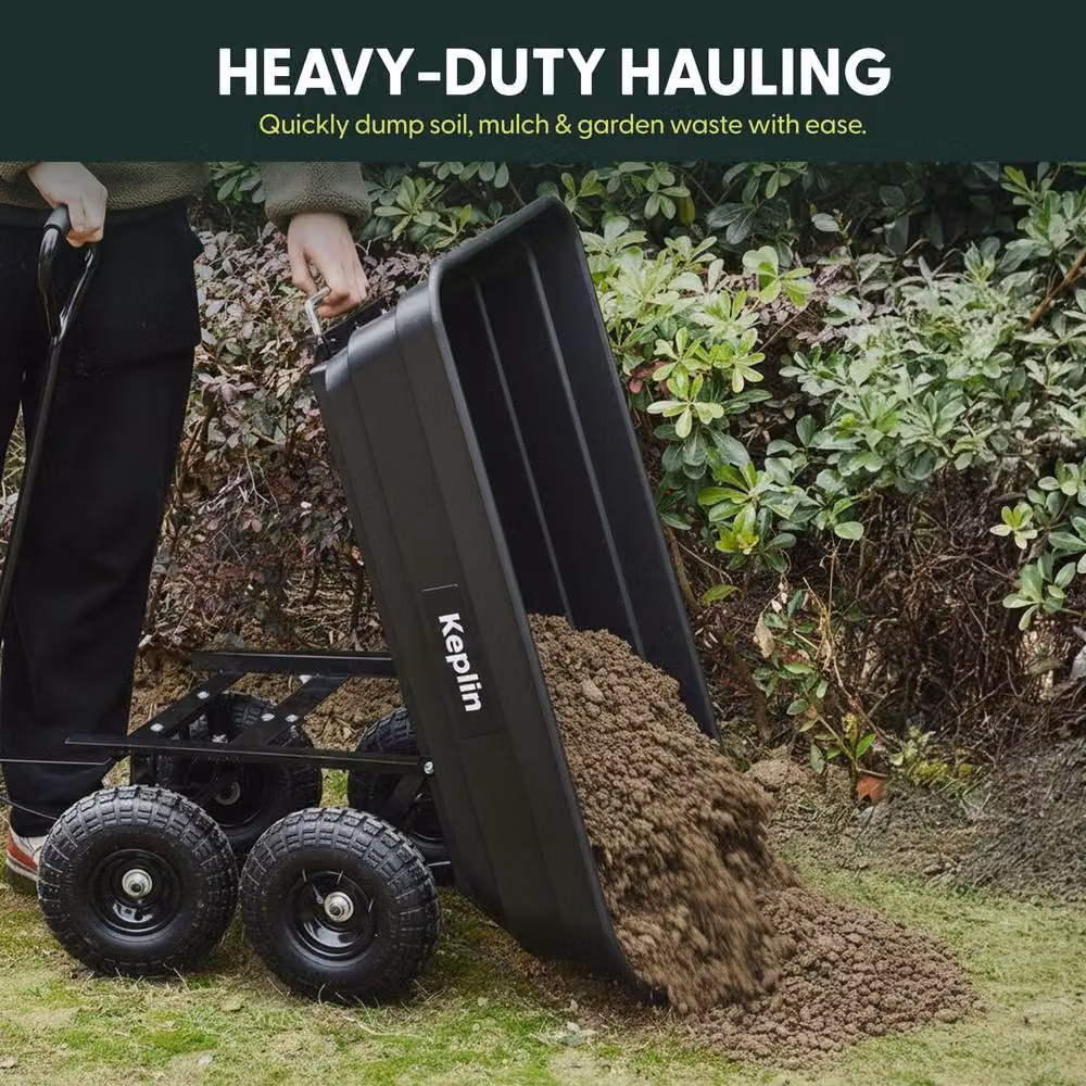 Keplin 75L Garden Cart with Pneumatic Tyres, 4 Wheel Trolley in Black – 7