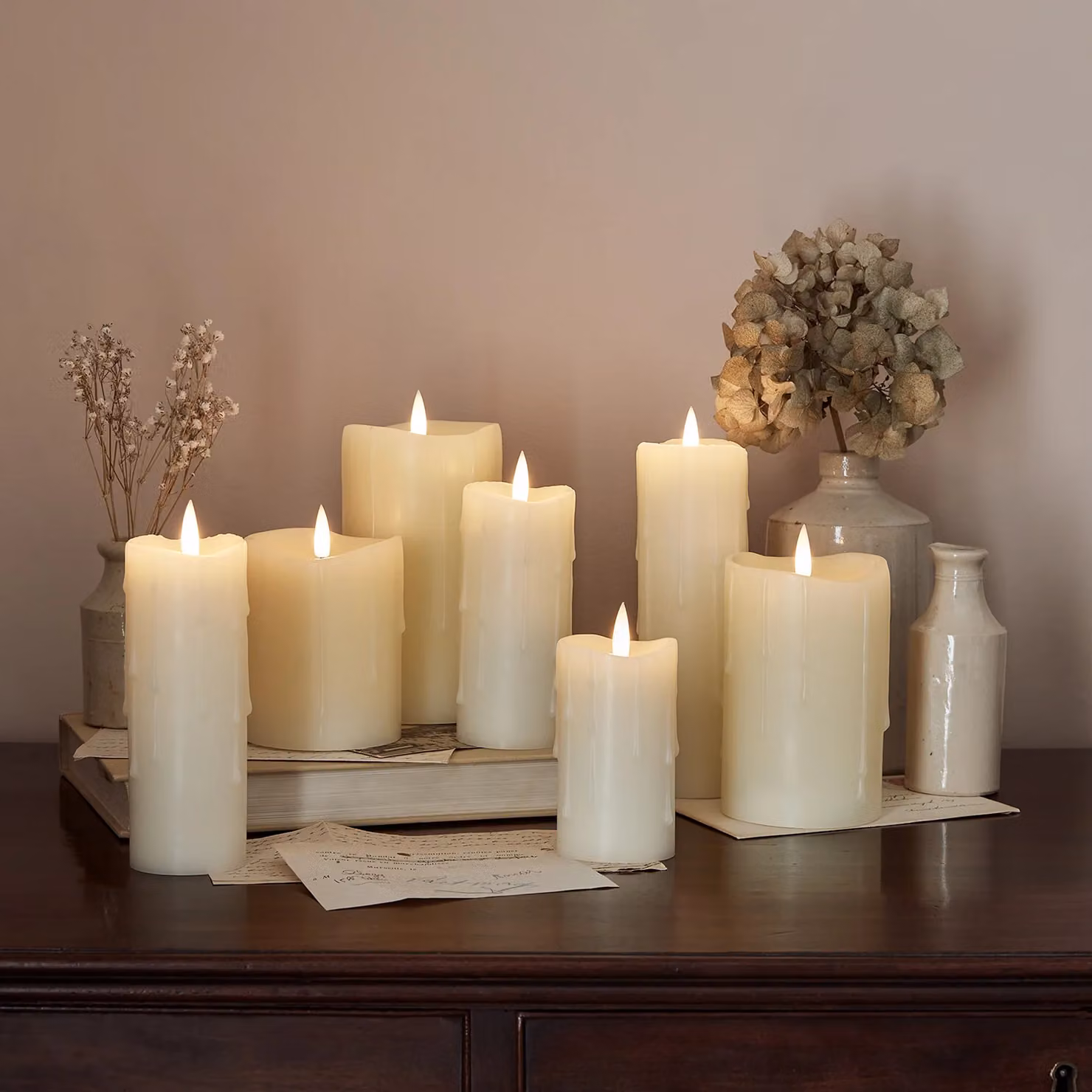 TruGlow® Set of 7 White Dripping Wax Pillar LED Candles with Remote Control and Flicker Effect