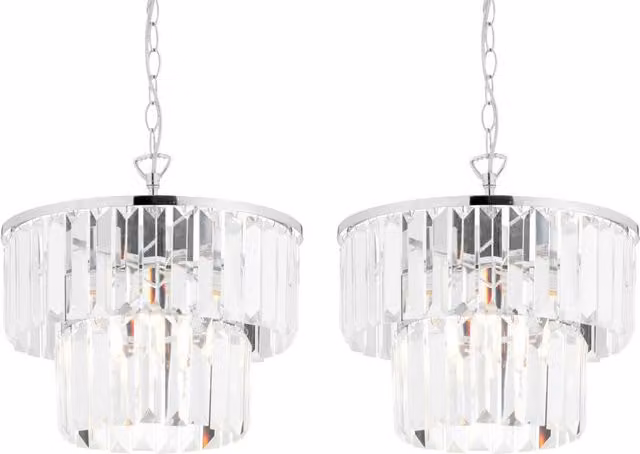 First Choice Lighting Knightsbridge Set of 2 Two Tier Glass and Crystal Pendant Lights in Silver and Chrome – 1