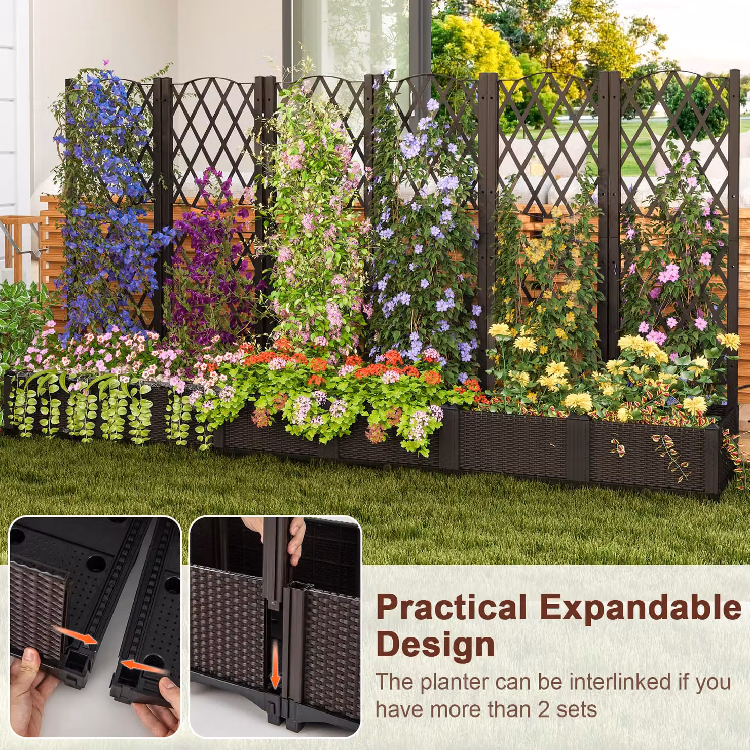 Costway Double Box Raised Garden Bed Planter with Trellis and Drainage Holes, Brown, W: 122 cm, D: 80 cm, H: 40 cm – 6