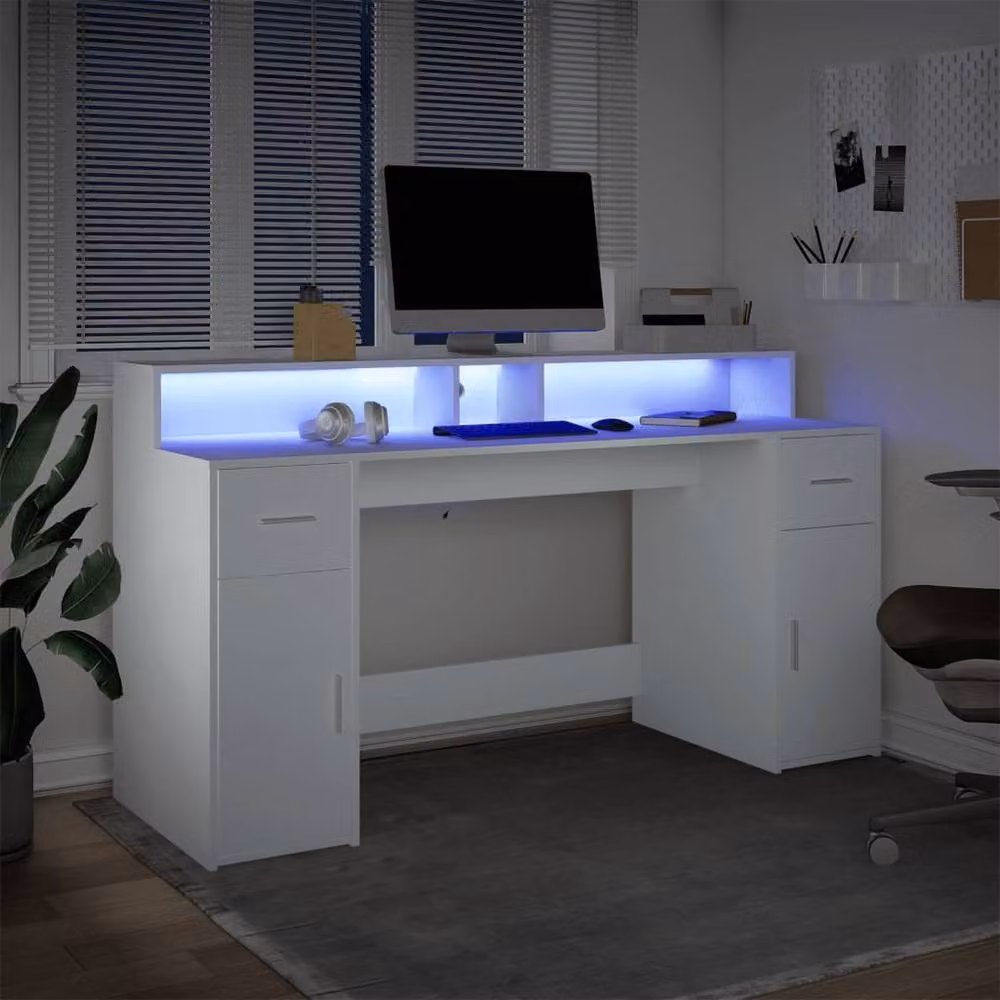 Berkfield White Gaming Desk with LED Lights, W/D/H: 160 x 55 x 91 cm – 2
