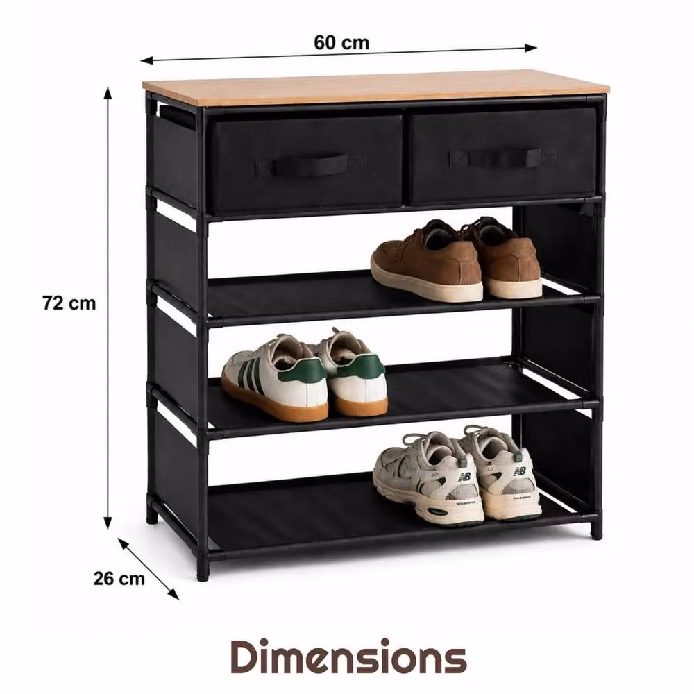 FORGEVIO 3 Tier Shoe Rack with 2 Drawers and Wooden Top, Black and Multicolour, W: 60.0 cm, D: 26.0 cm, H: 72.0 cm – 2