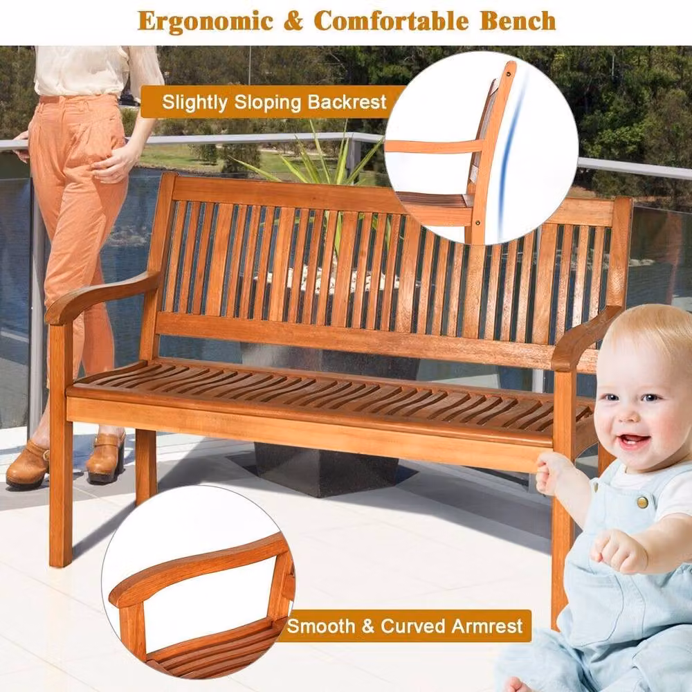 Costway Eucalyptus Wooden Dining Bench with High Backrest in Natural Brown – 7