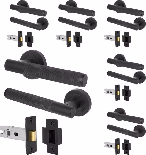 AFIT Matt Black Knurled Round Rose Door Handles with Latch, 6 Pairs