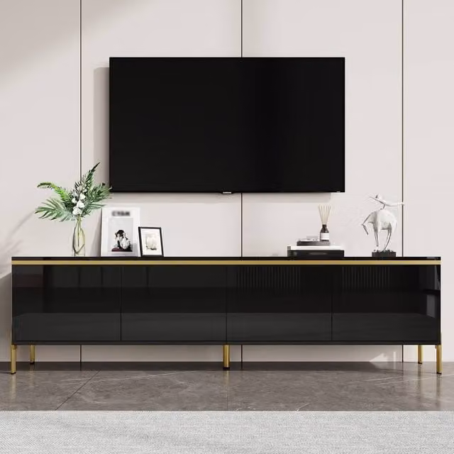 BTM Modern High Gloss TV Stand and 4 Door Living Room Storage Cabinet in Black and Gold, W/D/H: 170 x 50 x 50 cm