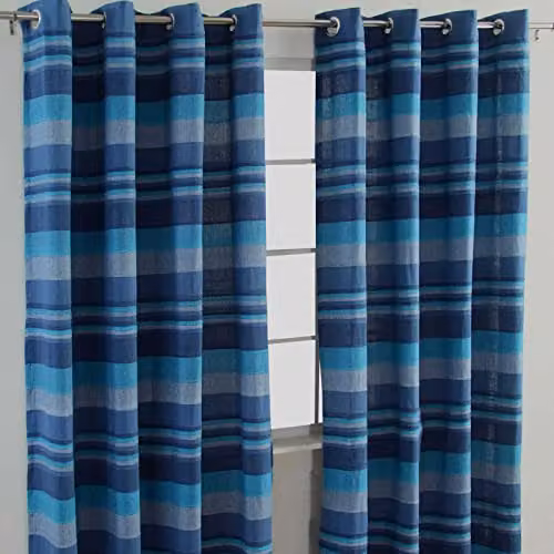 Homescapes Blue Morocco Striped Cotton Eyelet Curtain Pair, Width: 140 cm, Drop: 137 cm – 5