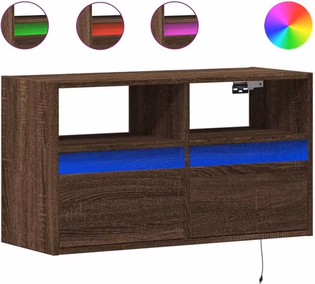 Berkfield Home Modern Wall Mounted TV Cabinet with LED Lights in Brown Oak, W: 80 cm, D: 31 cm, H: 45 cm