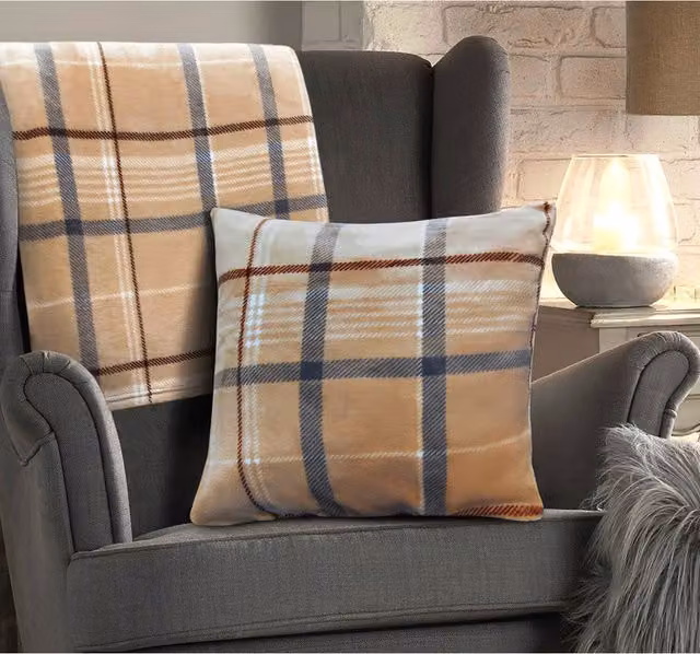 Velosso Classic Checked Flannel Square Cushion in Beige and Orange