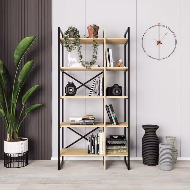 Decortie Modern Oak and Metal Freestanding Bookcase in Black