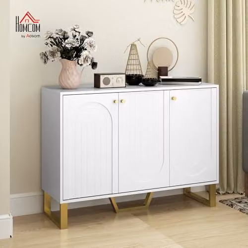 HOMCOM Modern White and Gold Sideboard with 3 Doors and Adjustable Shelves, W/D/H: 106.5 x 35.0 x 77.5 cm – 2