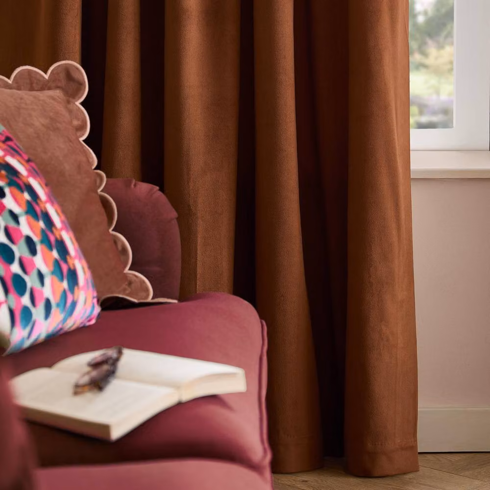 Furn Velvet Room Darkening Pencil Pleat Curtain Pair in Terracotta, W: 117 cm, H: 137 cm – 2
