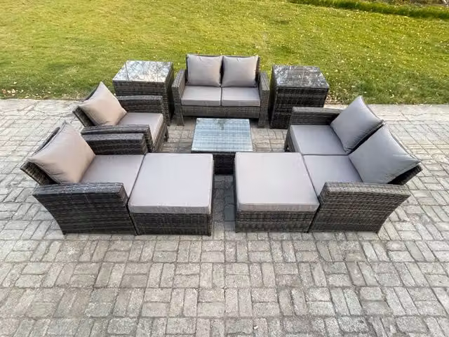 Fimous 9 Piece Grey Rattan Garden Furniture Set with U-Shape Sofa, Coffee Table and Ottomans