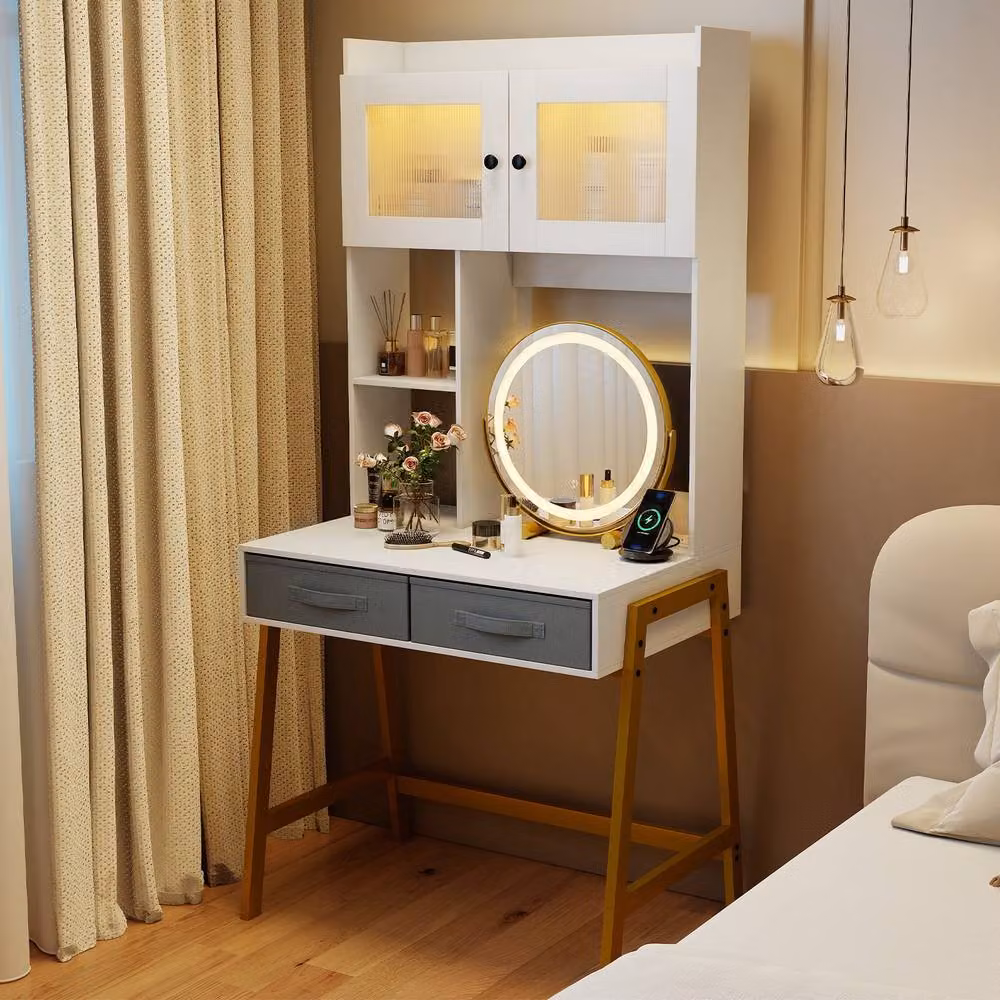Costway Makeup Vanity Desk with Hollywood LED Rotating Mirror in White – 4