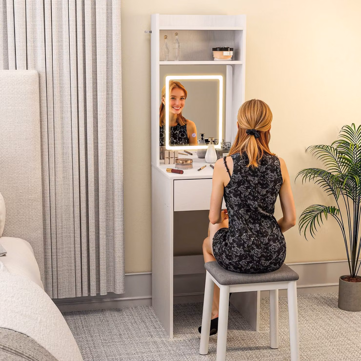 HOMCOM Small White Vanity Desk with LED Mirror, Drop Leaf Dressing Table with Open Shelves and Drawer – 3
