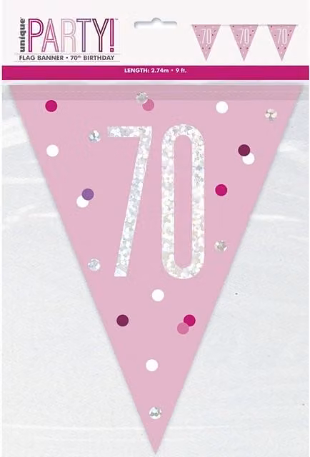KDMD Pink and Silver Prismatic Plastic 70th Birthday Flag Banner