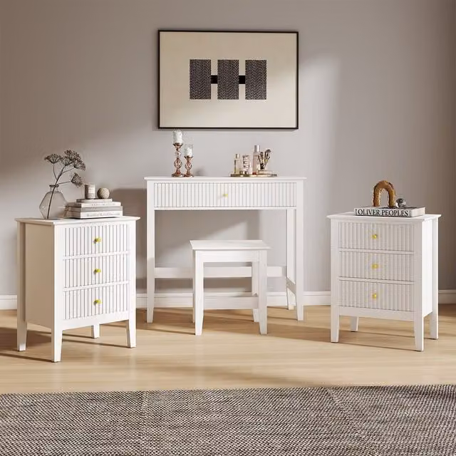 Melody Maison Hales White Dressing Table, Stool and Pair of 3 Drawer Bedside Tables Set