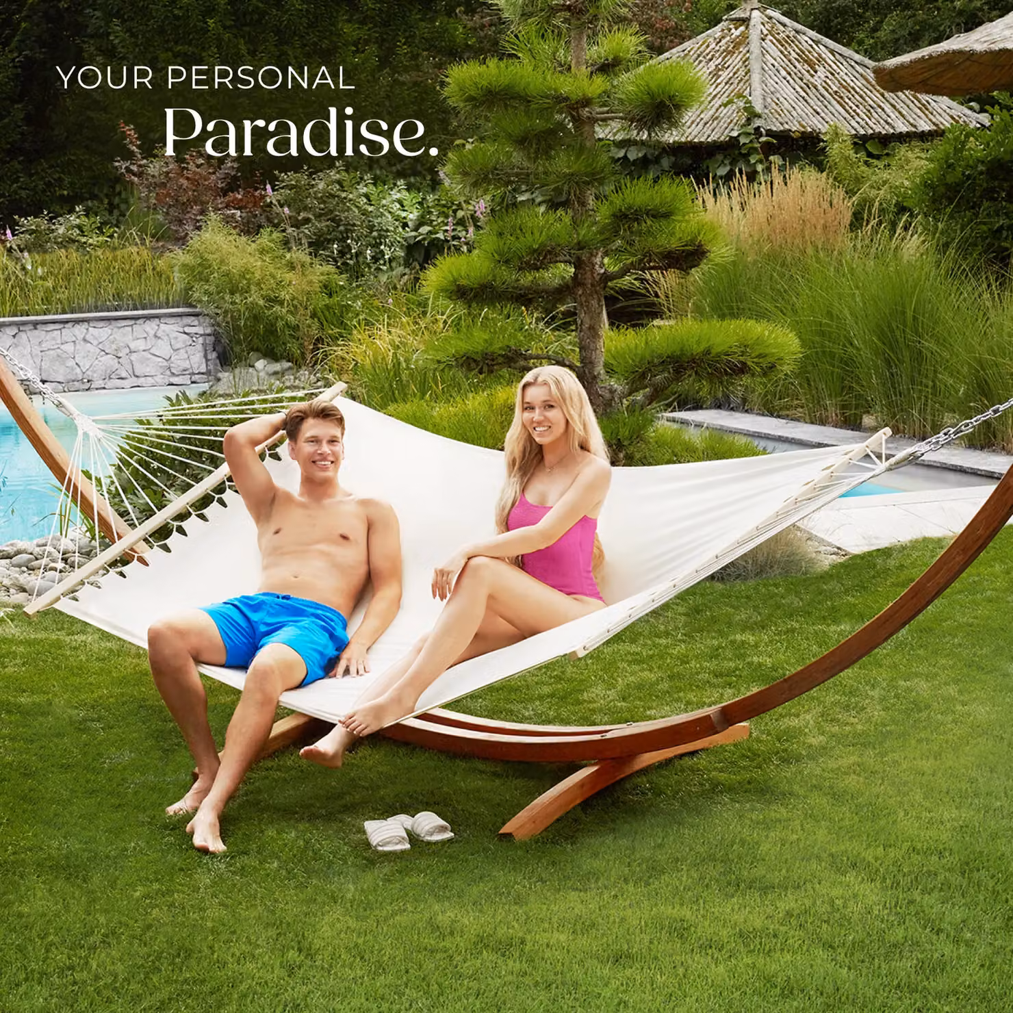 tectake Thorsten 2 Seater Hammock with Stand in White, featuring Oiled Larch Wood and Metal Frame – 6