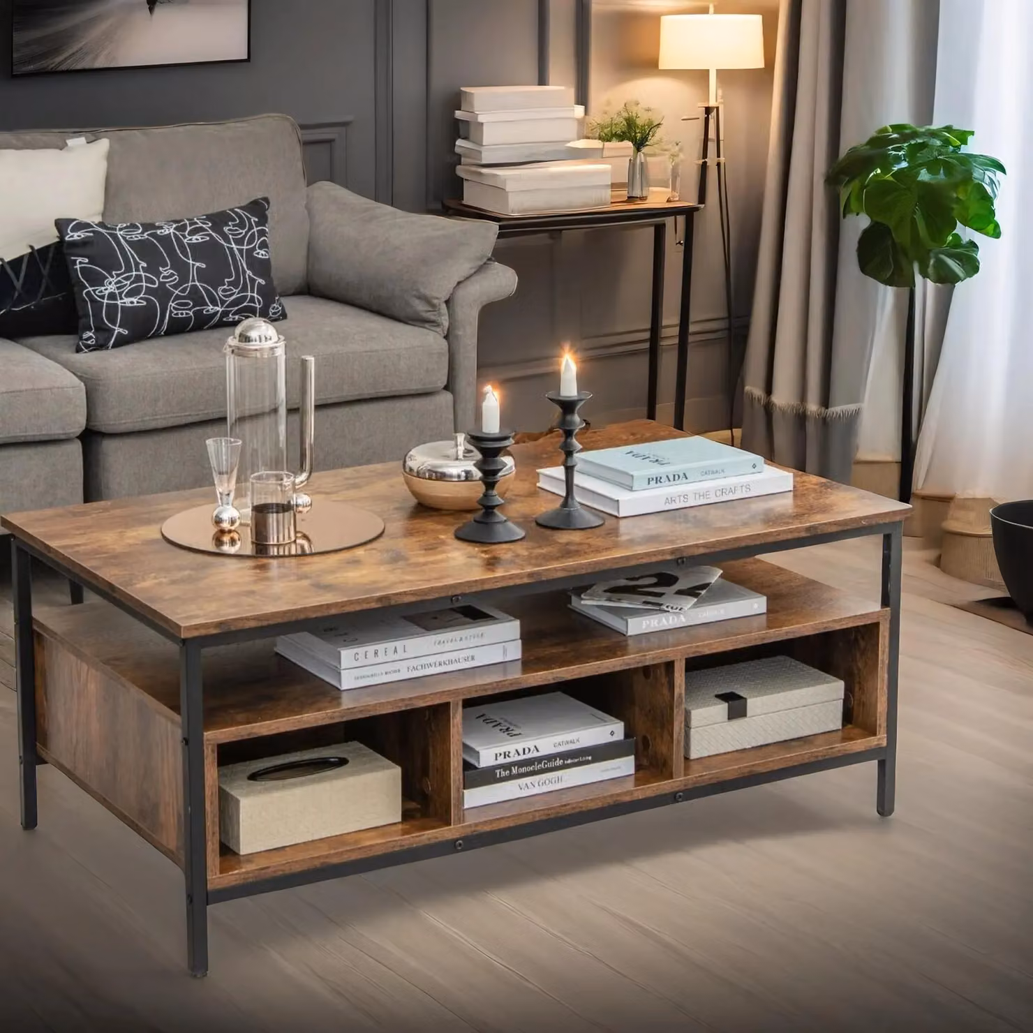 Pirlo Plush Industrial Wooden Coffee Table with Storage Shelves in Brown – 2