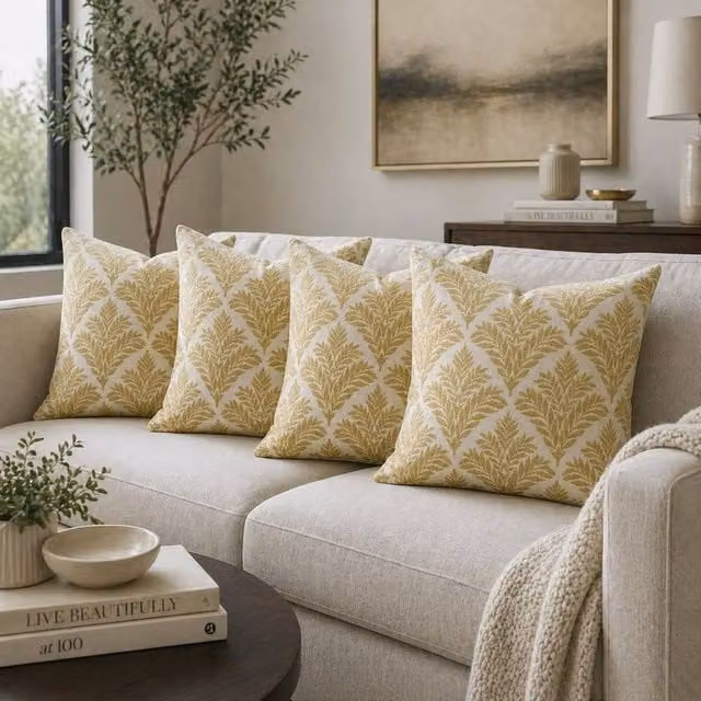 Luxor Living Set of 4 Green Chenille and Velvet Square Cushions with Hollow Fibre Pads, W/D/H: 45 x 45 x 45 cm