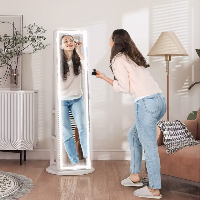 HOMCOM 360 Degree Swivel Jewellery Cabinet with Full Length Mirror and LED Lighting, White