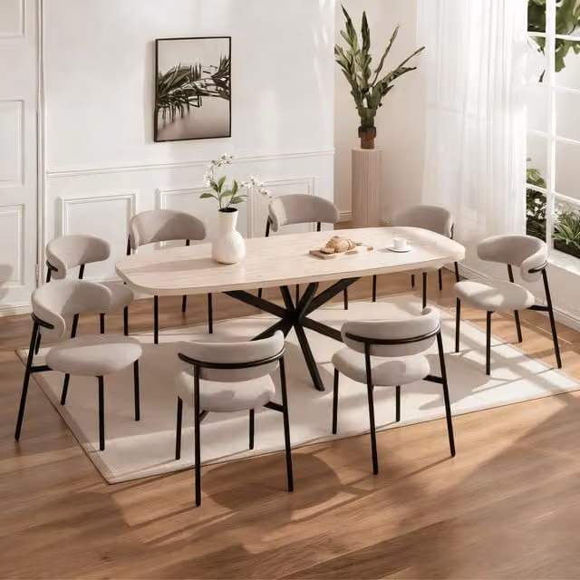 Home Source Axal Modern Oval Ceramic Extending Dining Table and Velora Beige Chairs Set