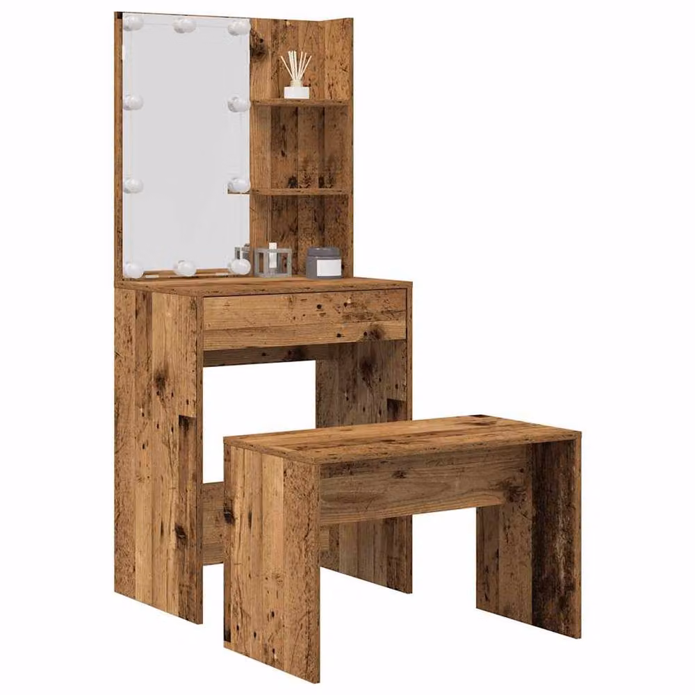 Berkfield Home Beautiful Dressing Table Set with LED Hollywood Mirror in Brown Rustic Old Wood, W: 140 cm, D: 40 cm, H: 60 cm – 2