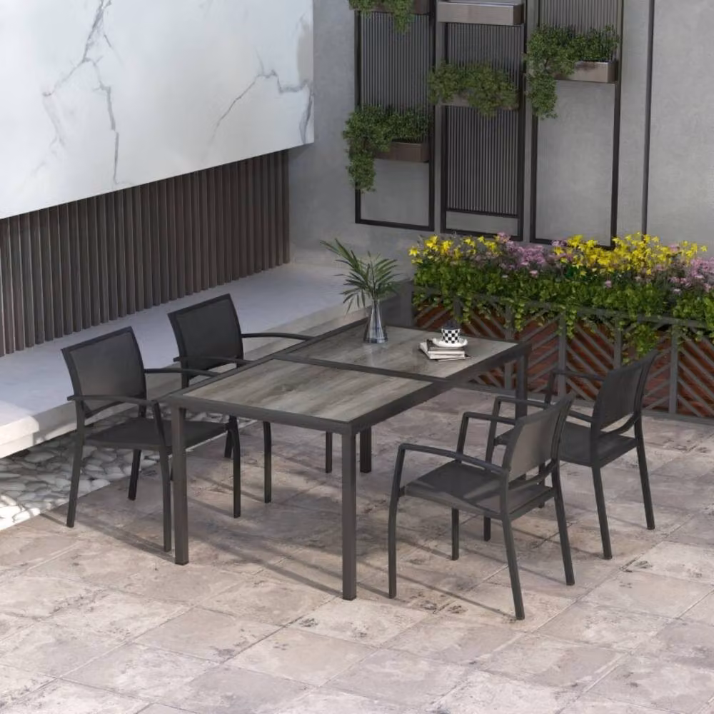 STILVORA 5 Piece Grey Garden Dining Set with Rectangular Glass Table and Stackable Chairs – 2