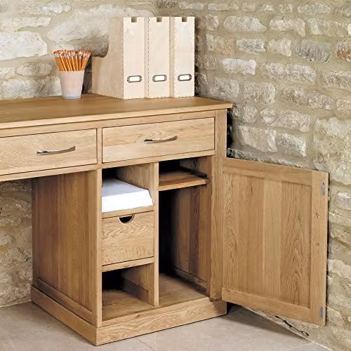 Baumhaus Oak Large Hidden Office Twin Pedestal Computer Desk, Brown, W/D/H: 171 x 80 x 75 cm