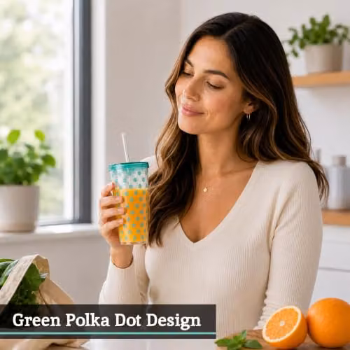 Orsina Dotted Double Walled Plastic Tumbler with Lid, Green, 450ml – 5