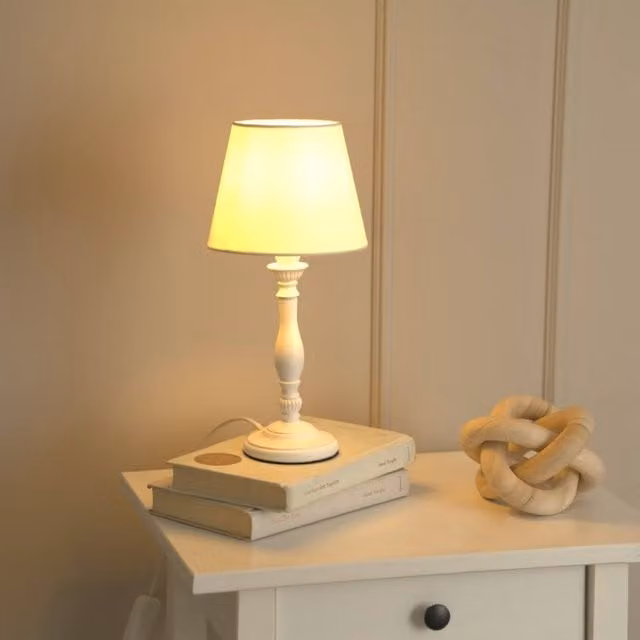 ValueLights Sara White Wood Candlestick Table Lamp with Tapered Fabric Shade