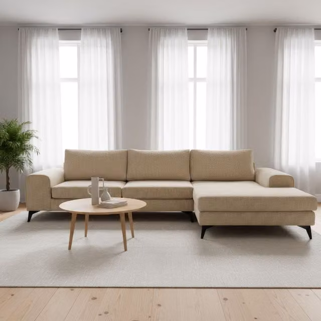 Abakus Direct Venice Right-Facing L-Shape Corner Sofa in Cream Fabric with Deep Seats and Extra-Wide Padded Arms