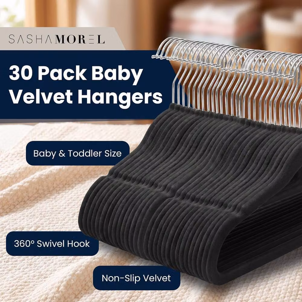 Sasha Morel Black Velvet Baby Clothes Hangers with Swivel Hooks, 30 Pack – 2