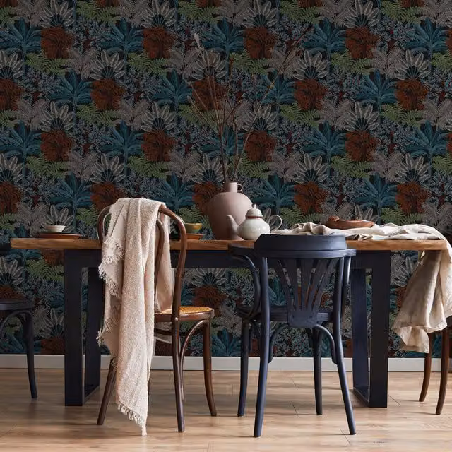 Superfresco Easy Intrigue Trees Wallpaper in Twilight, Black and Multicolour Art Nouveau Botanical Floral Design