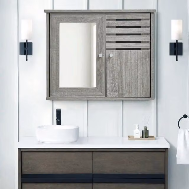 Livingandhome Modern Grey Lacquered Wooden Bathroom Mirror Wall Cabinet with Hinged Glass Doors and Internal Shelves