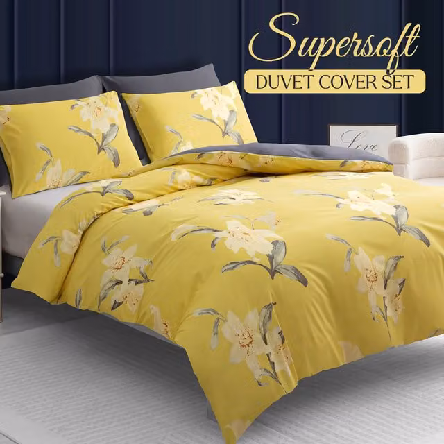 Pamposh Premium Microfibre Reversible Single Duvet Cover Set with Pillowcase in Yellow and Grey Floral Design