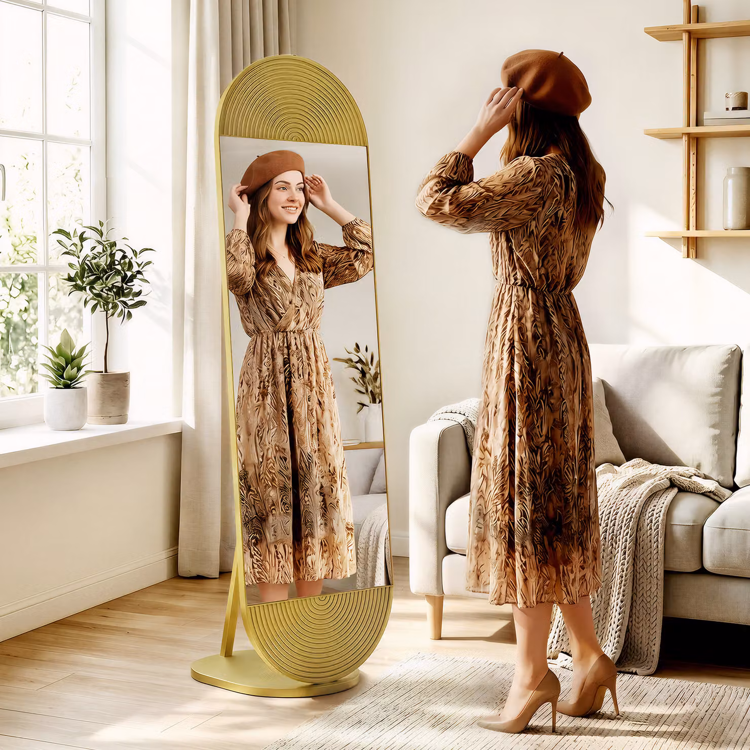 HOMCOM Wavy Full Length Free Standing Mirror with Metal Frame and Solid Base, Gold Tone, W: 50 cm, H: 161.5 cm – 3