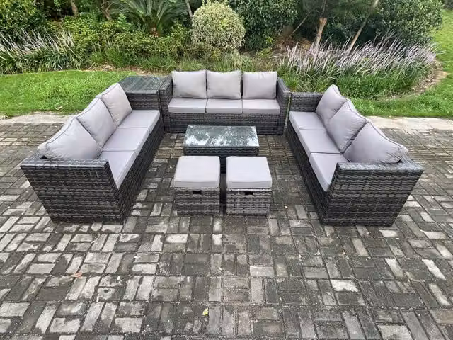 Fimous Outdoor Lounge Sofa Set in Dark Grey PE Rattan with Coffee Table and 2 Footstools