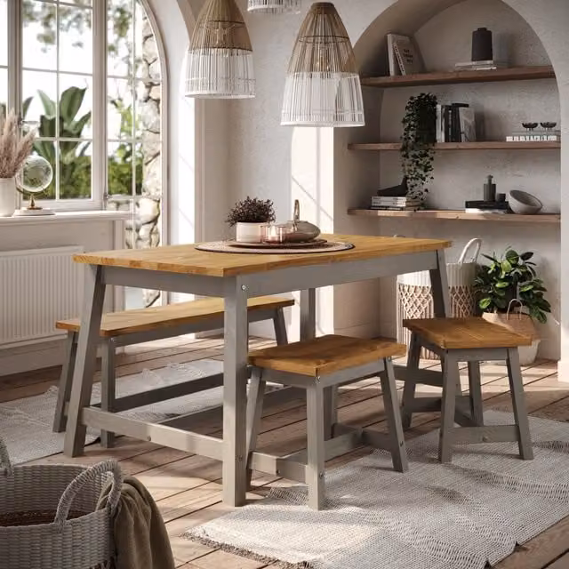 Corona Live Edge Rectangular Dining Table and Triple Bench Set in Grey Wood