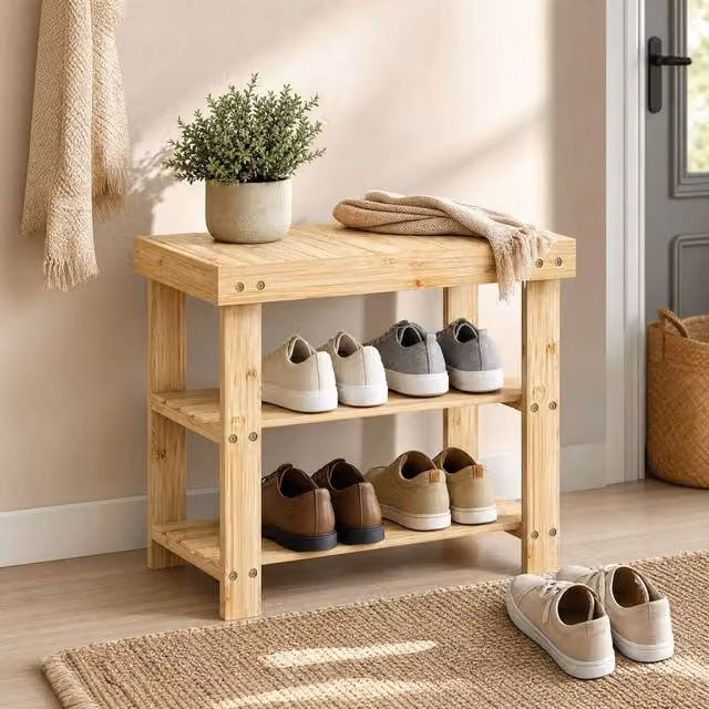 STILVORA Bamboo Shoe Storage Bench with Two Shelves in Natural Brown